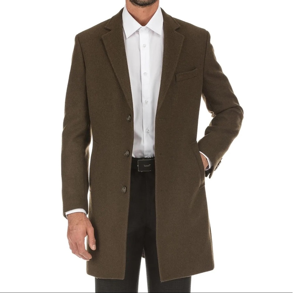 English Laundry Olive Green Slim Fit Overcoat Wool Blend Coat